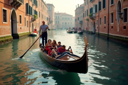 Gondolier naviguant une gondole remplie de touristes à Venise