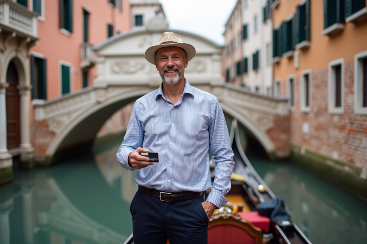 Gondolier vénitien avec terminal de paiement contactless