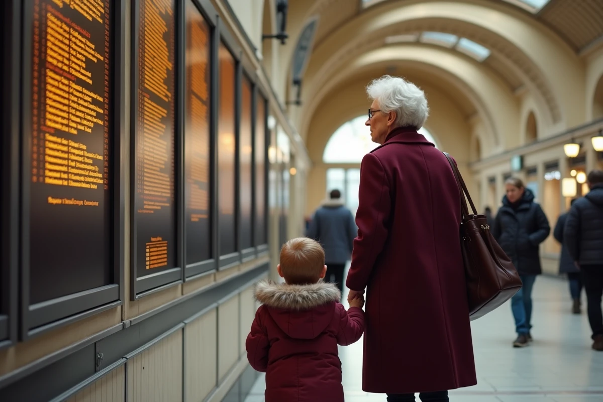 Grand-mère et petit-fils regardant le tableau des départs à la gare Lille Flandres pour organiser leur voyage en train