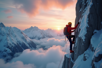 Alpiniste déterminé escaladant une face glacée au lever du soleil
