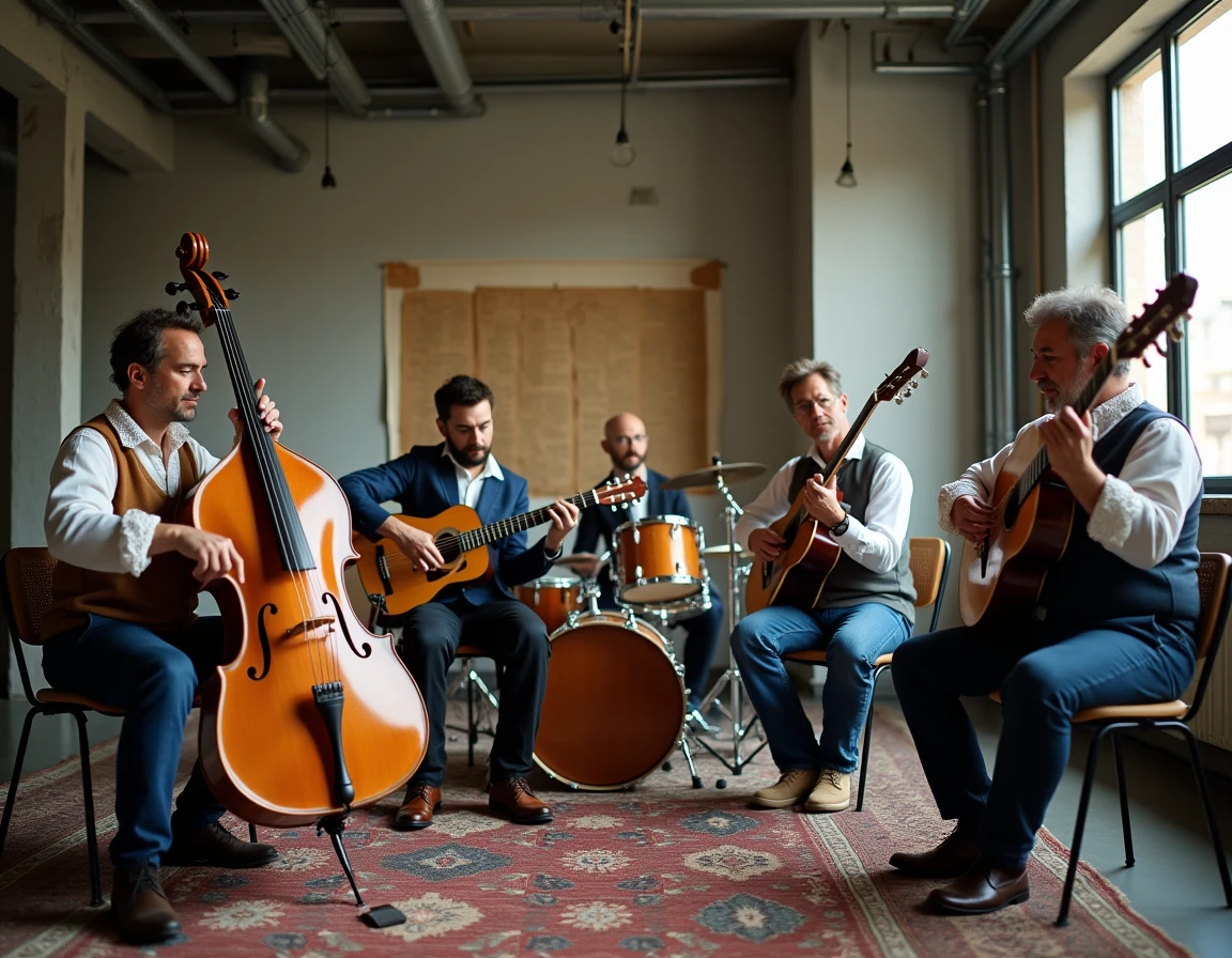 Groupe de musiciens m&ecirc;lant instruments baroques et modernes lors d'une r&eacute;p&eacute;tition dans un loft industriel, illustrant le mouvement Barock and roll