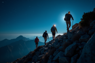 Groupe d'alpinistes sous un ciel étoilé la nuit