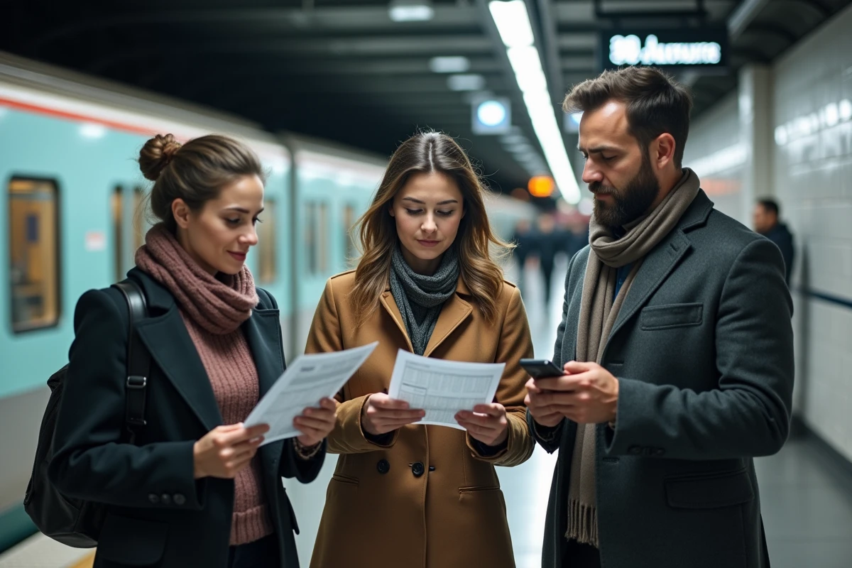 Groupe de collègues consultant leur planning hebdomadaire sur un quai de métro pendant le trajet domicile-travail