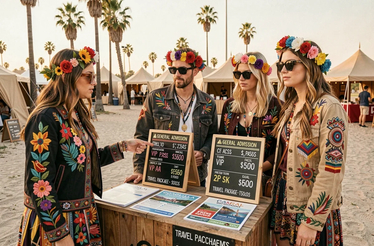 Groupe de festivaliers comparant les prix des billets et packages VIP au Coachella