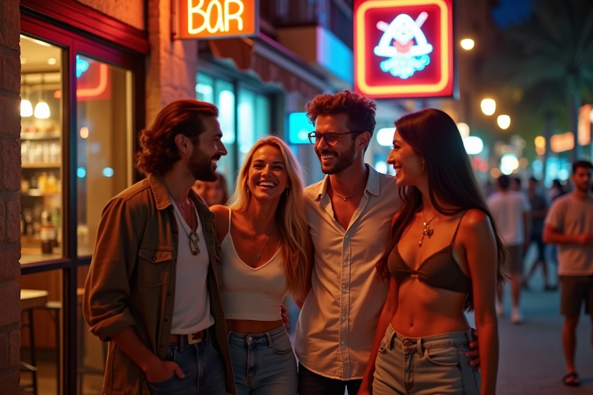 Groupe de jeunes adultes riant devant un bar à Paceville