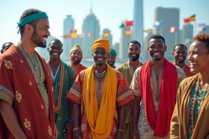 Groupe multiculturel souriant devant la ville et drapeaux