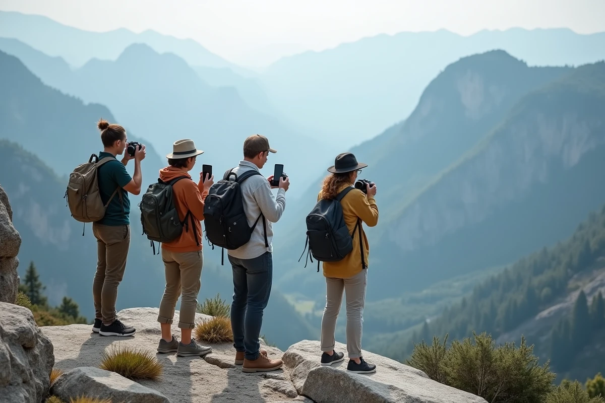 Groupe de photographes voyageurs admirant un panorama montagneux lors d'un circuit photo Aguila Voyages