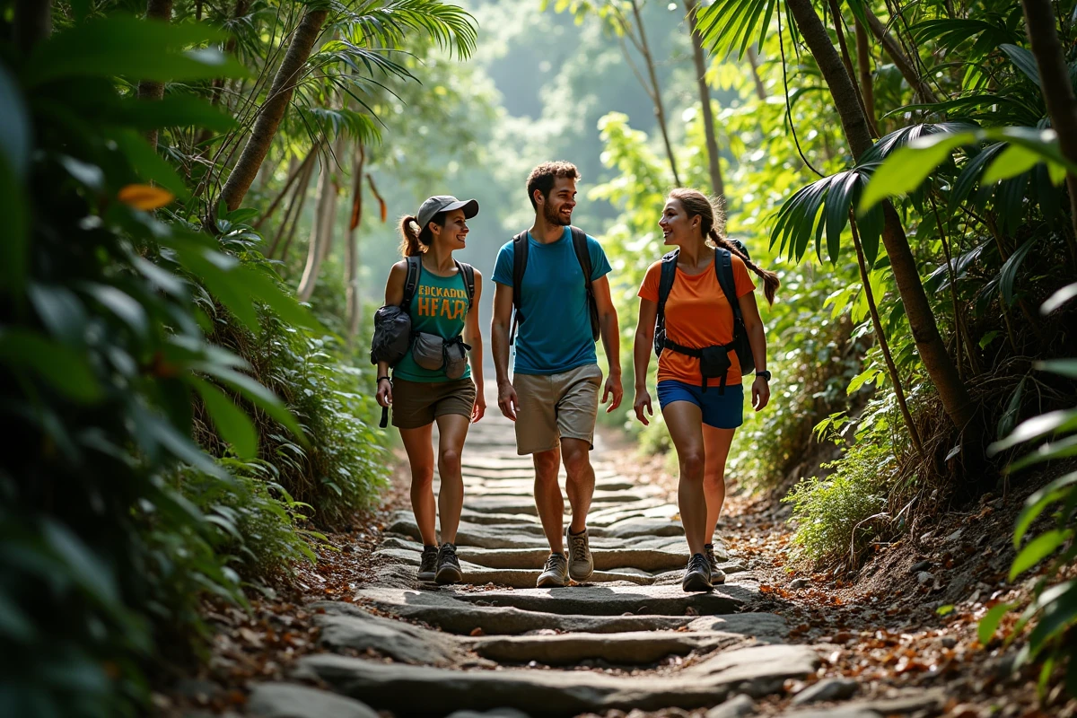 Groupe de randonneurs sur les marches en pierre du sentier historique de Corcovado dans le Parc National de Tijuca