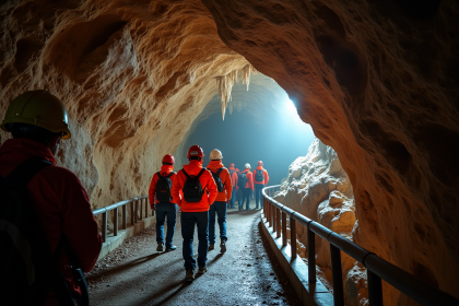 Groupe de touristes en équipement de sécurité dans la grotte de Postojna