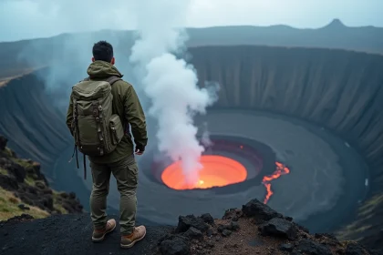 Guide touristique au bord du cratère du volcan Nyiragongo avec vue sur le lac de lave en fusion