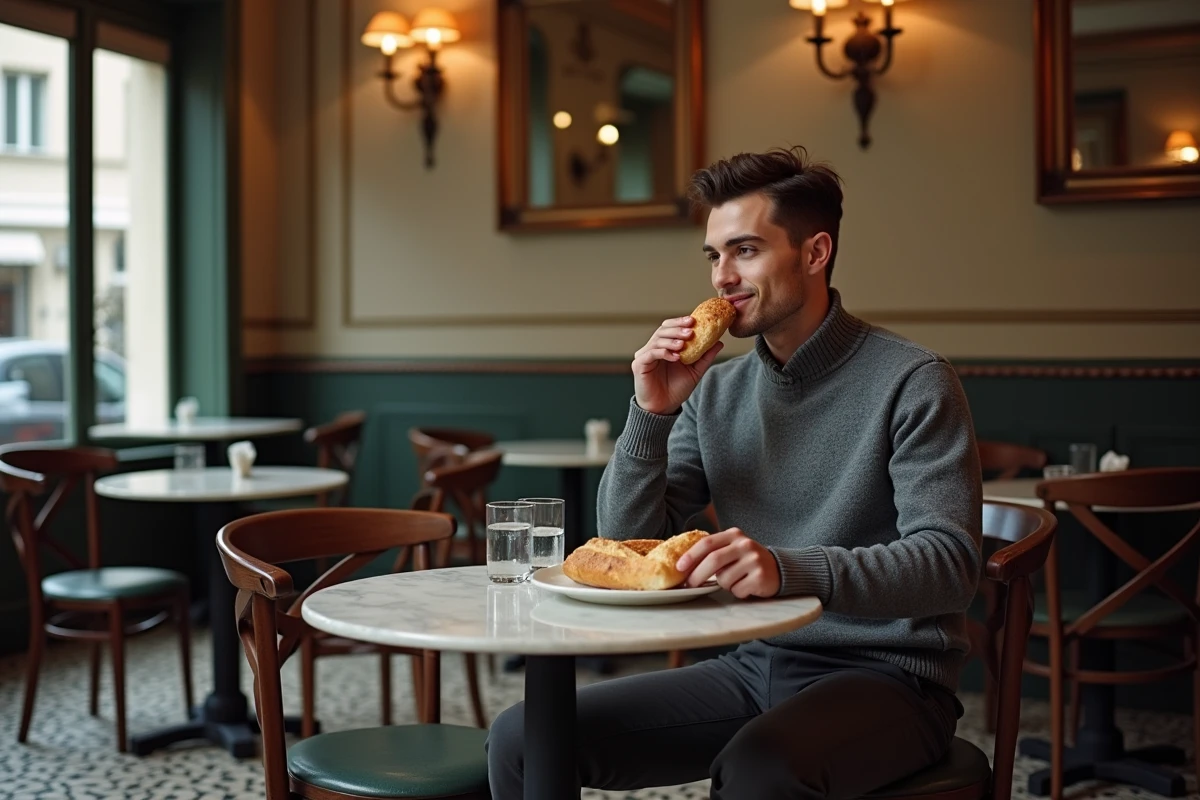 Homme dégustant un sandwich dans un bistrot parisien cosy