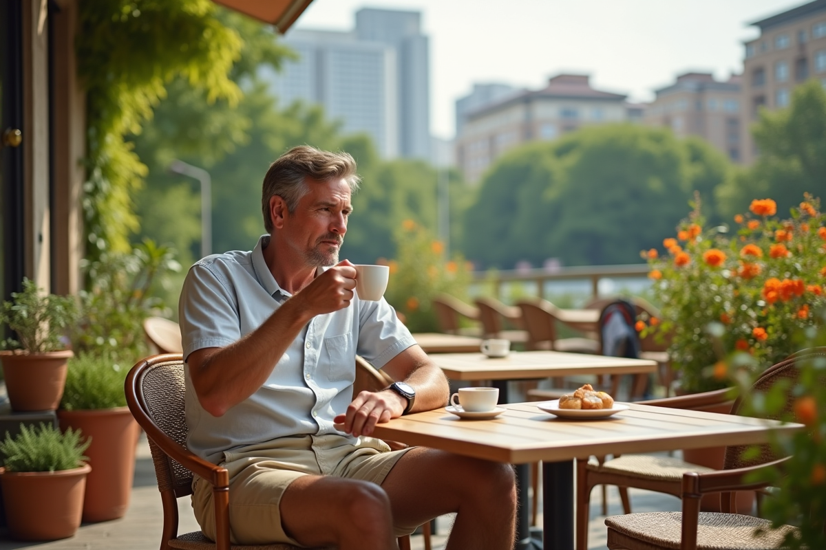 Homme en short et chemise buvant un café en terrasse