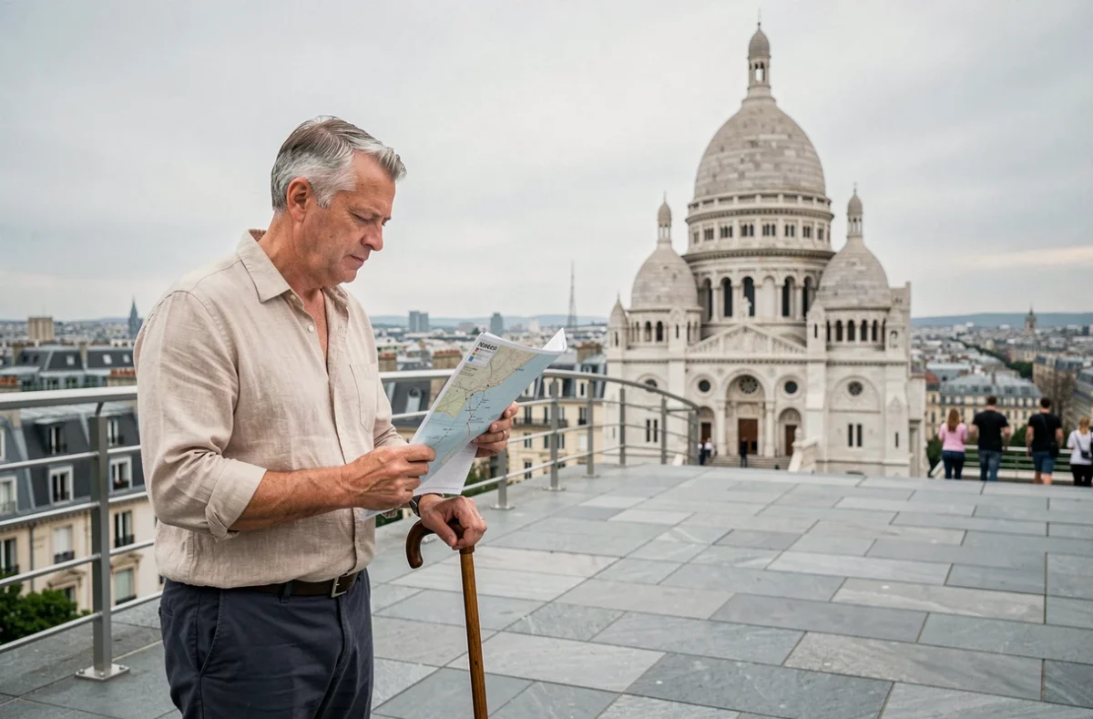 Homme avec canne consultant un plan d'itinéraire accessible devant la basilique du Sacré-Cœur de Montmartre, terrasse panoramique