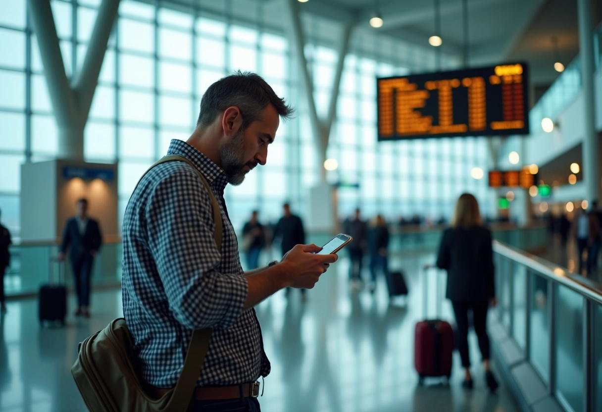 Homme comparant des vols avec son smartphone &agrave; l