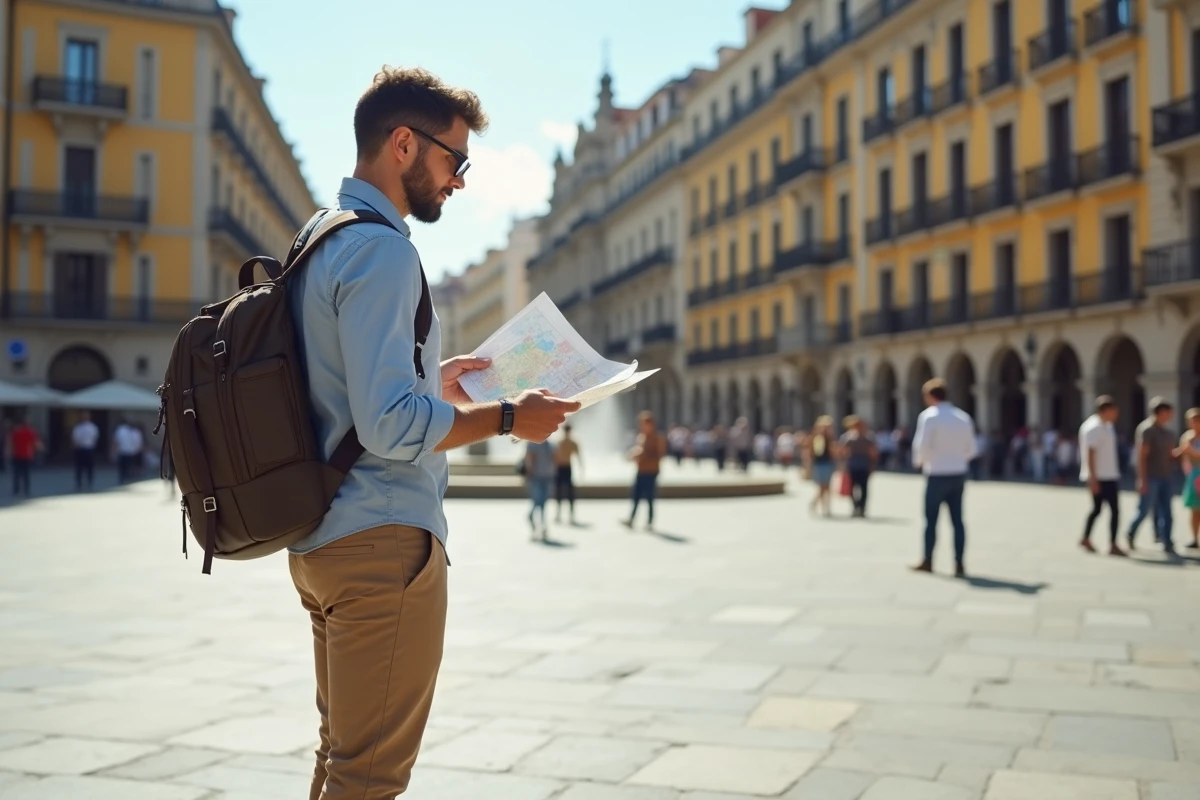 Homme regardant une carte dans une place anim&eacute;e