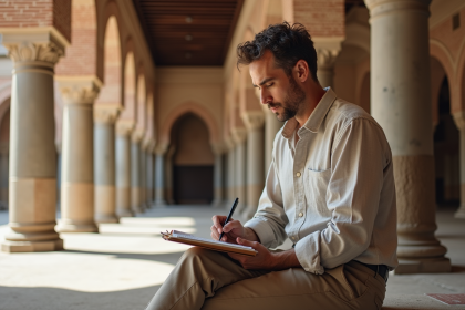 Homme méditatif esquissant les arches de la Mezquita