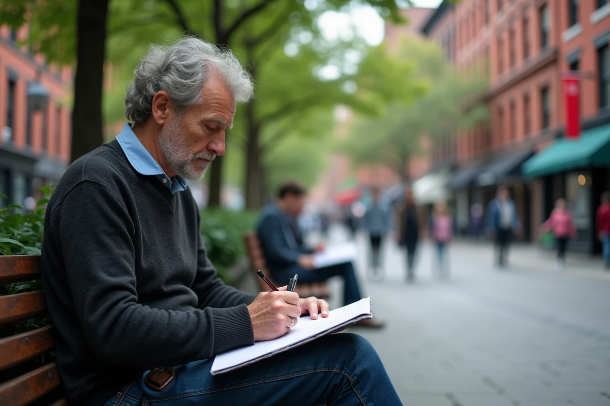 Homme âgé dessinant sur un banc dans un parc urbain