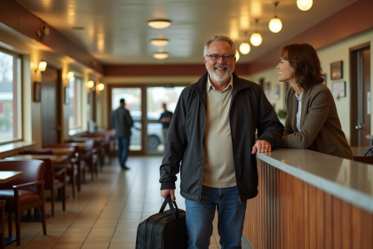 Homme d'âge moyen check-in au motel souriant