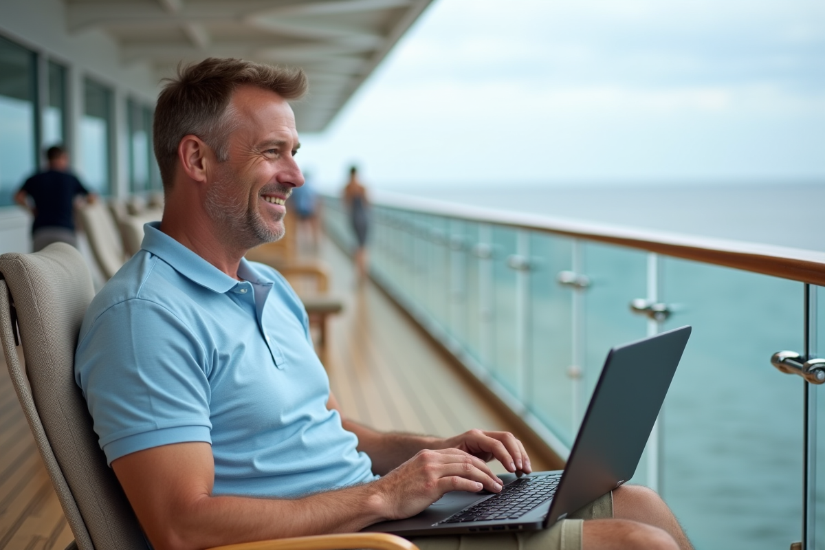 Homme d'âge moyen sur le pont d'un bateau avec un ordinateur portable