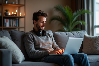 Homme détendu sur canapé avec ordinateur portable