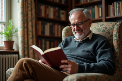 Homme d age moyen lisant un roman dans un salon chaleureux