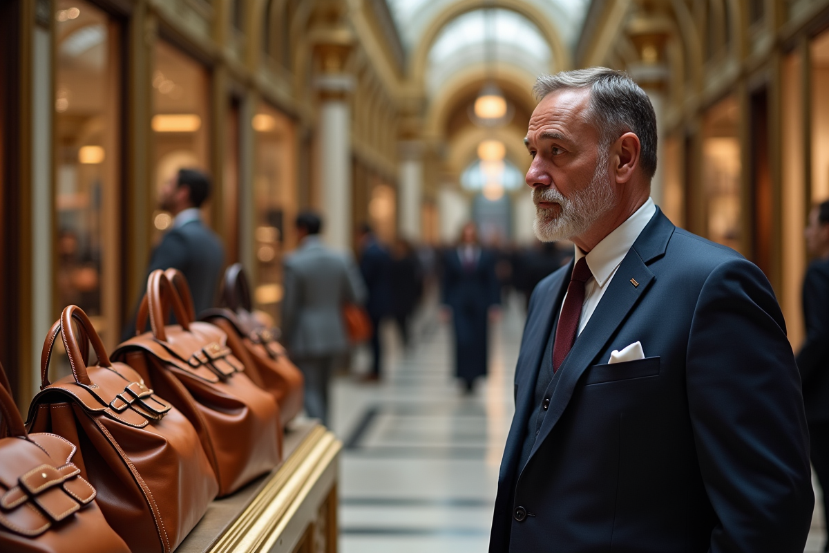 Homme en costume admirant sacs de luxe dans un magasin parisien