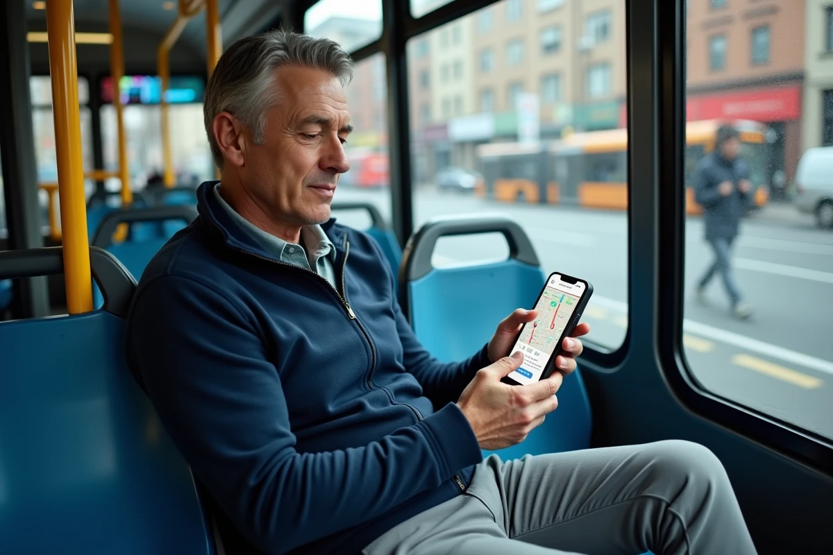 Homme utilisant Mappy pour suivre son itinéraire de bus à l'intérieur d'un bus urbain