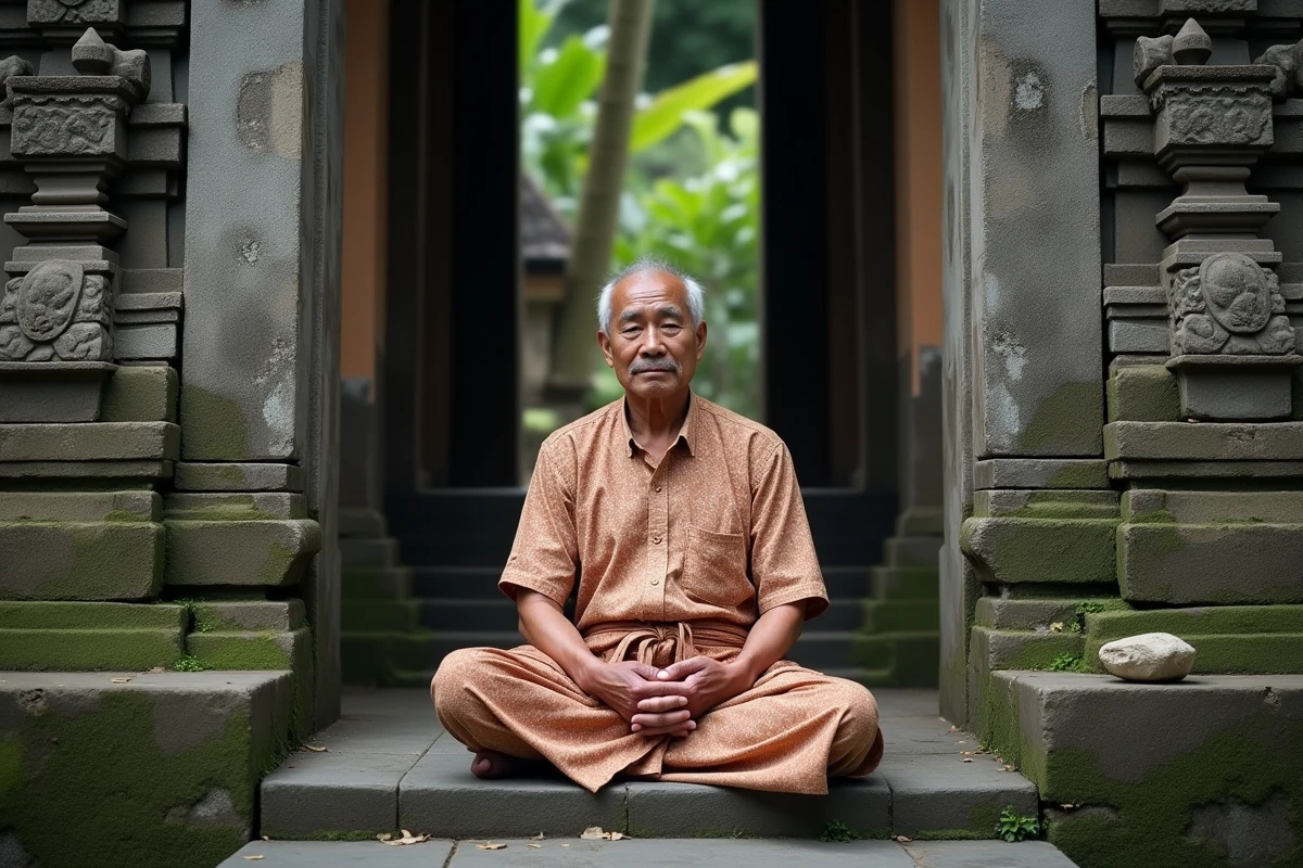 Homme en m&eacute;ditation devant un temple balinais ancien