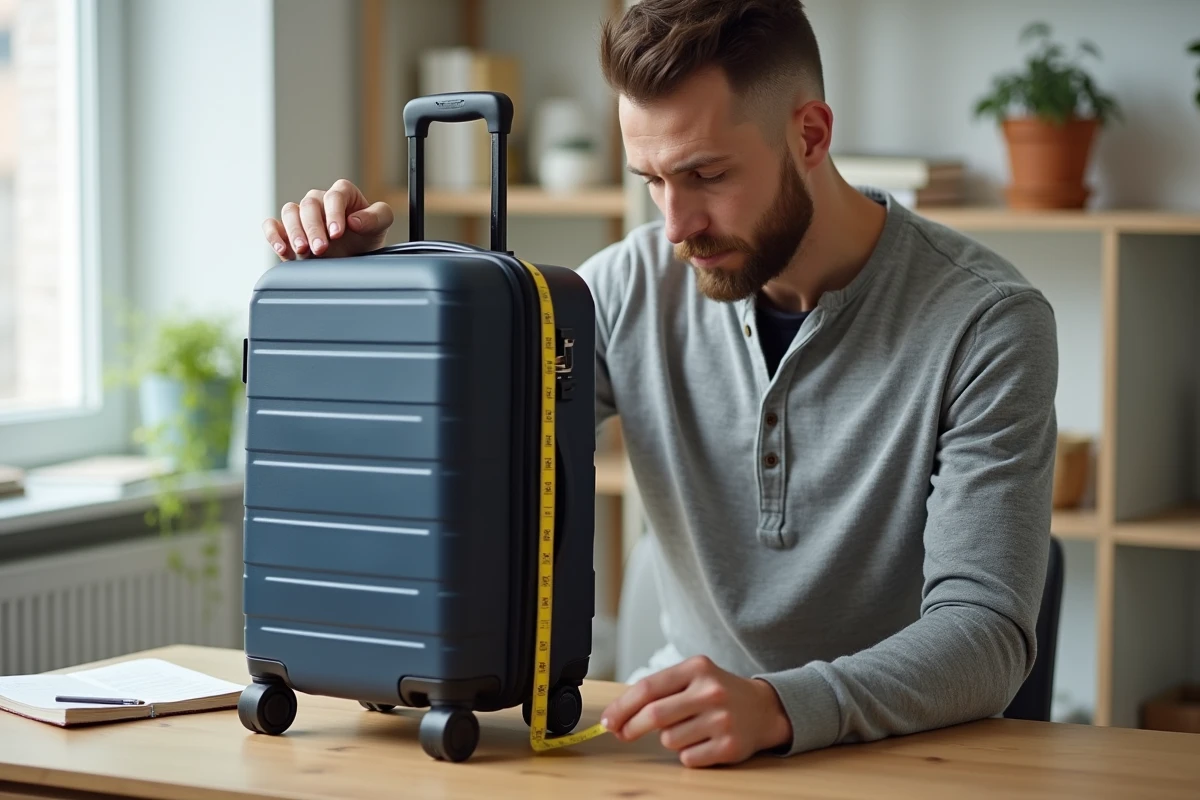 Homme mesurant les dimensions d'une valise cabine avec un mètre ruban dans un bureau à domicile minimaliste
