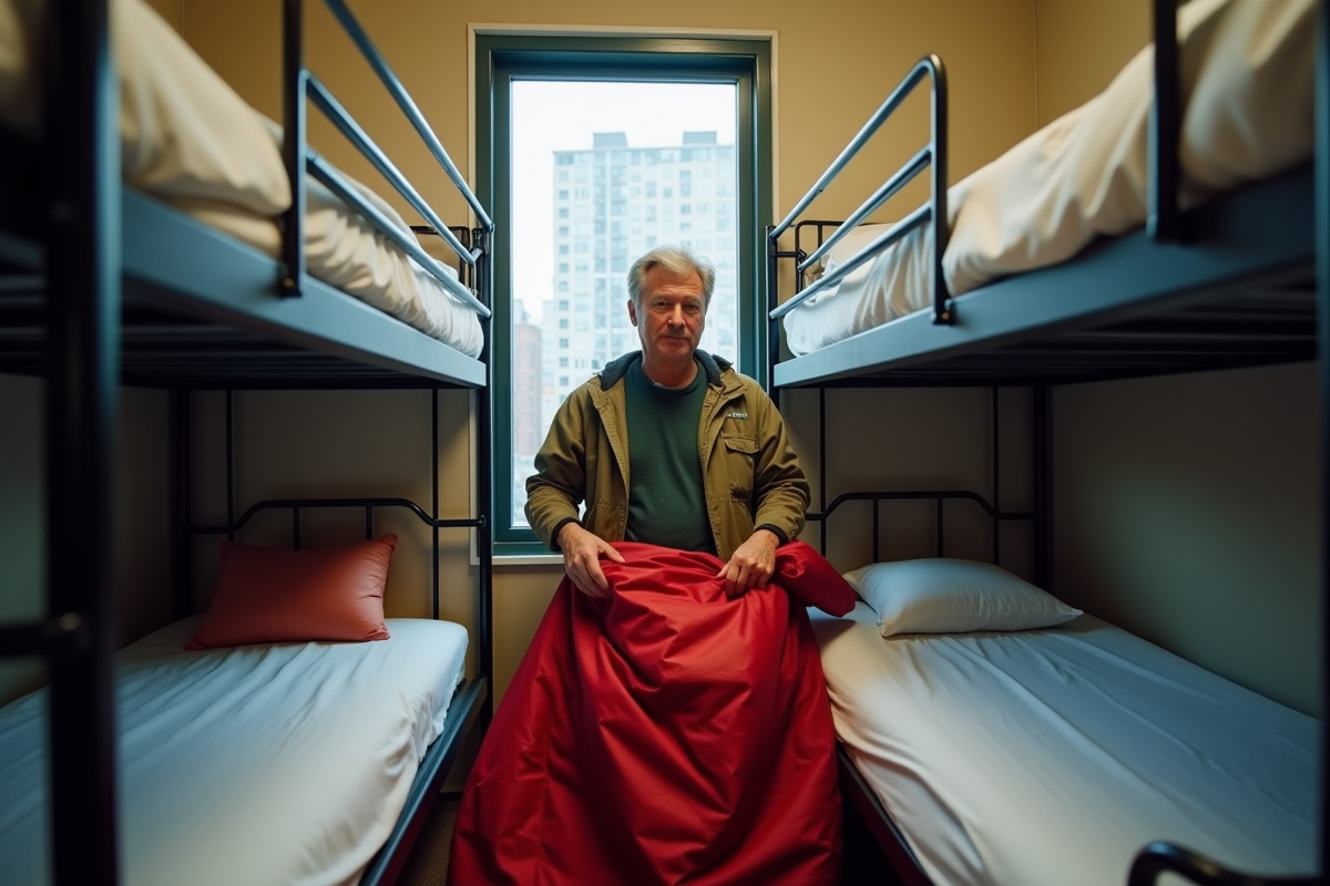 Homme arrangeant son sac de couchage dans une chambre d