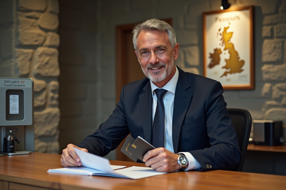 Homme d affaires avec passeport dans un bureau