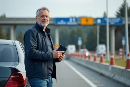 Homme d'&acirc;ge moyen avec passeport &agrave; la fronti&egrave;re
