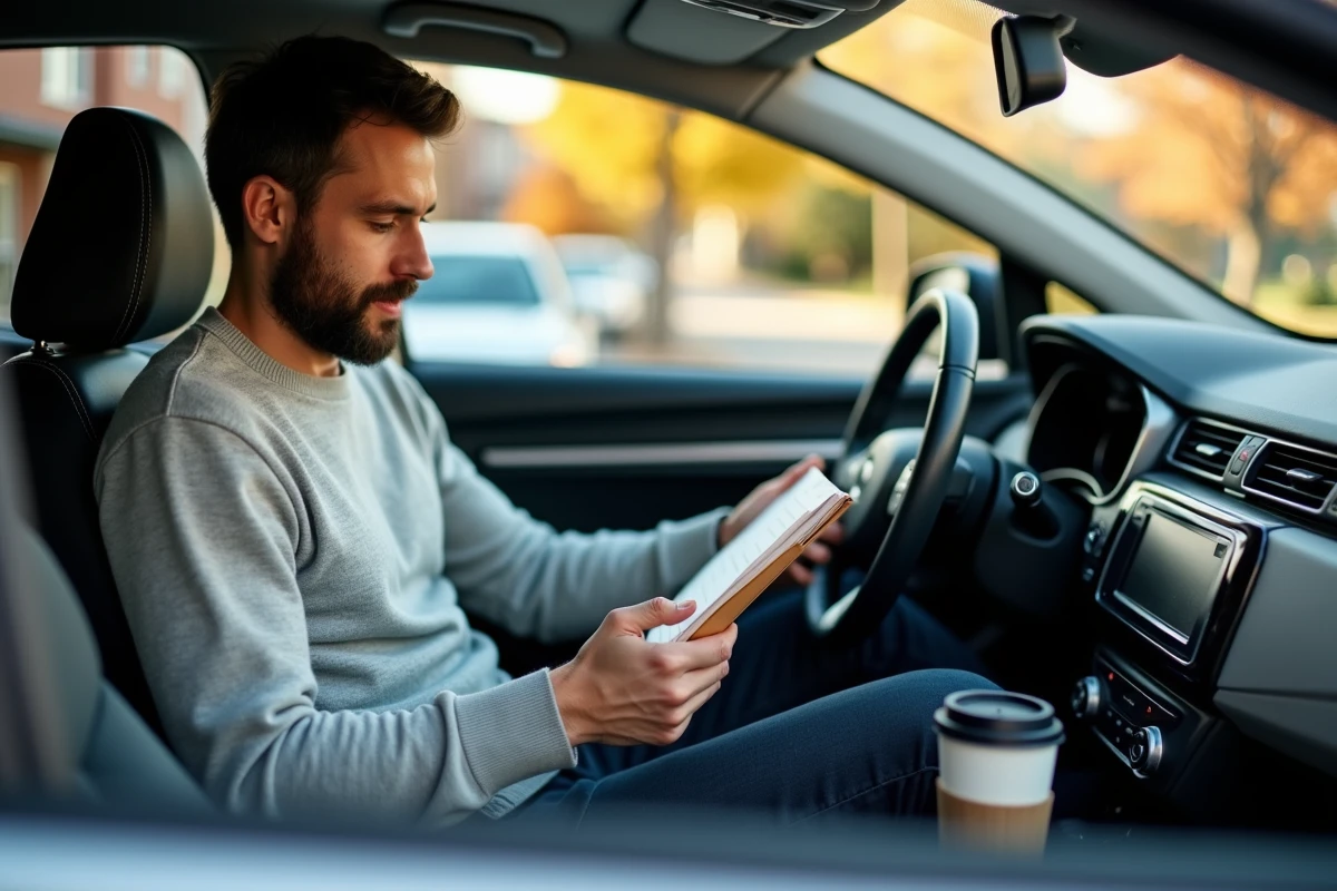Homme planifiant ses trajets hebdomadaires domicile-travail assis dans sa voiture en banlieue