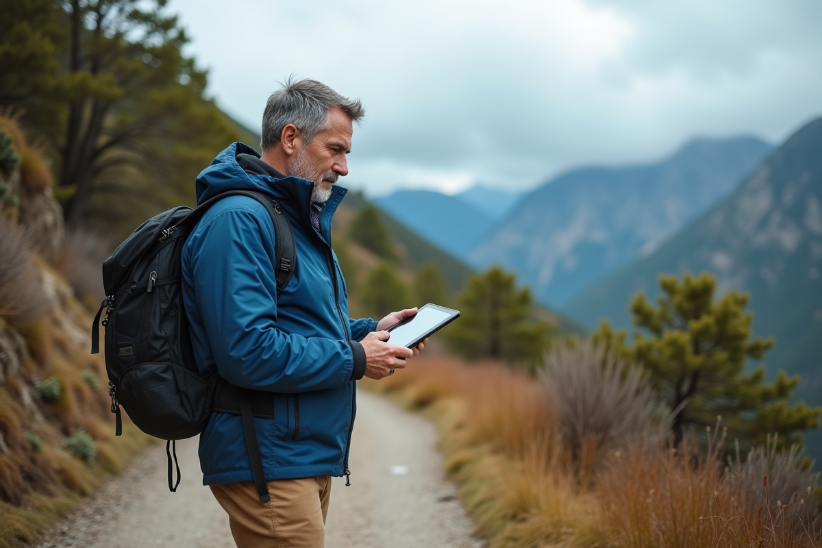 Homme en randonnée consultant une carte sur sa tablette en pleine nature