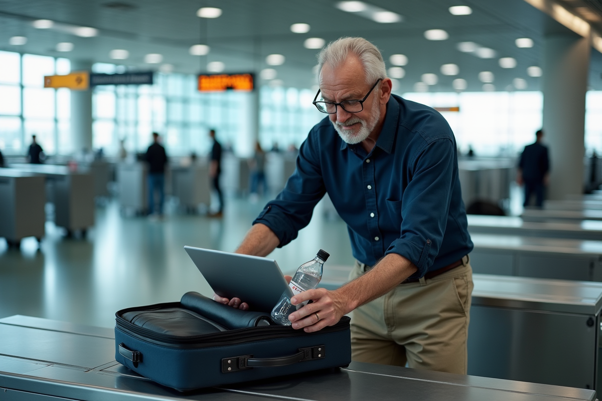 Homme à la sécurité aéroport ouvrant sa valise