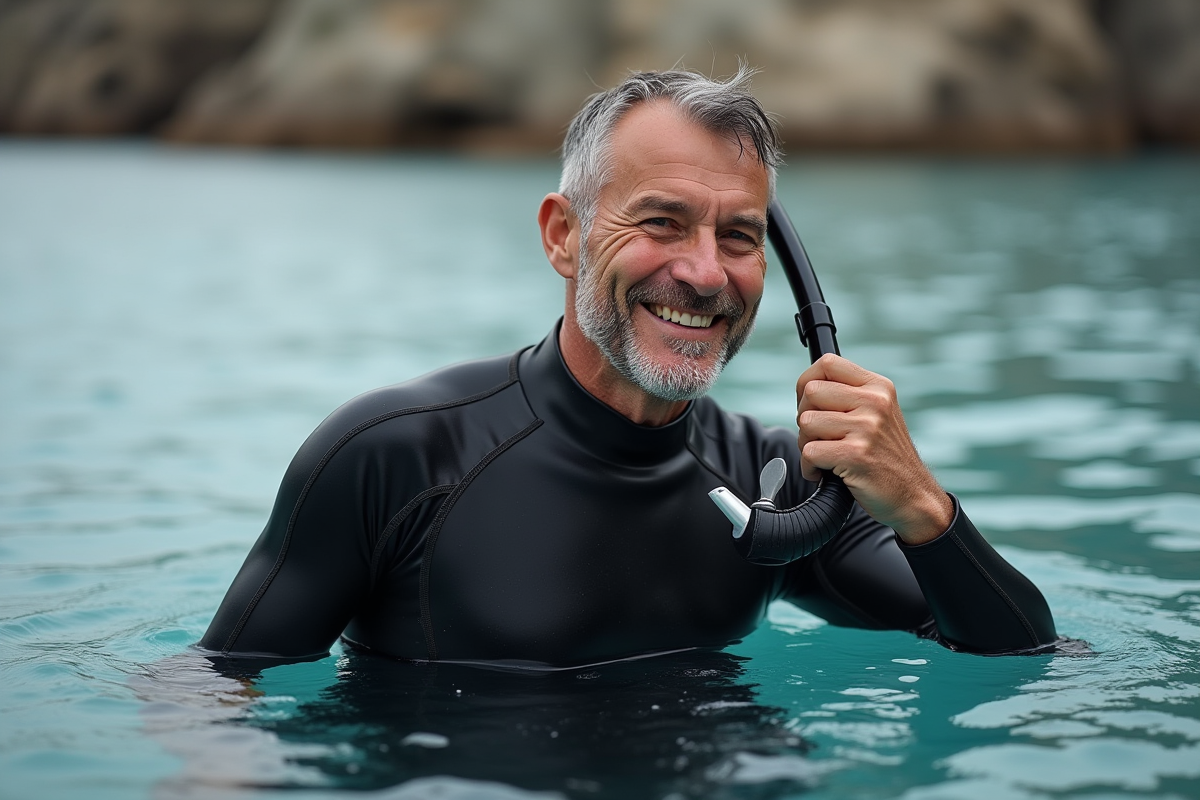 Homme en combinaison de plongée ajuste son tuba à la surface de la mer