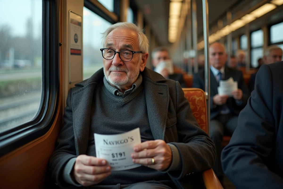 Homme âgé dans un train RER avec tickets et Navigo