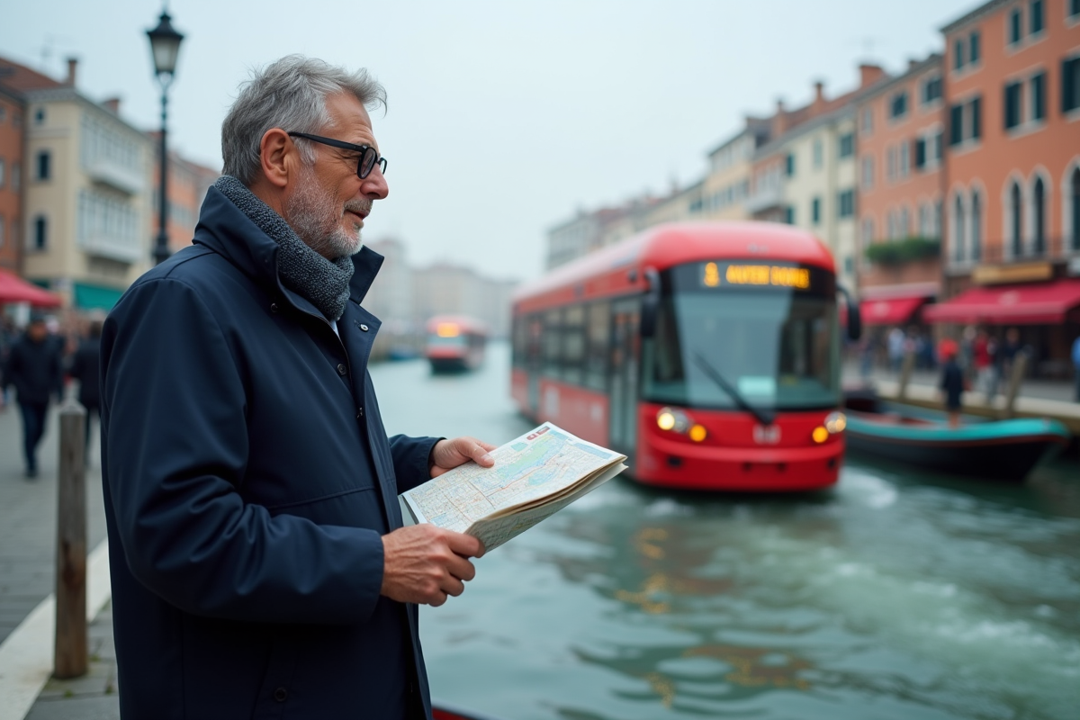Homme italien avec carte à Venise au bord du Vaporetto