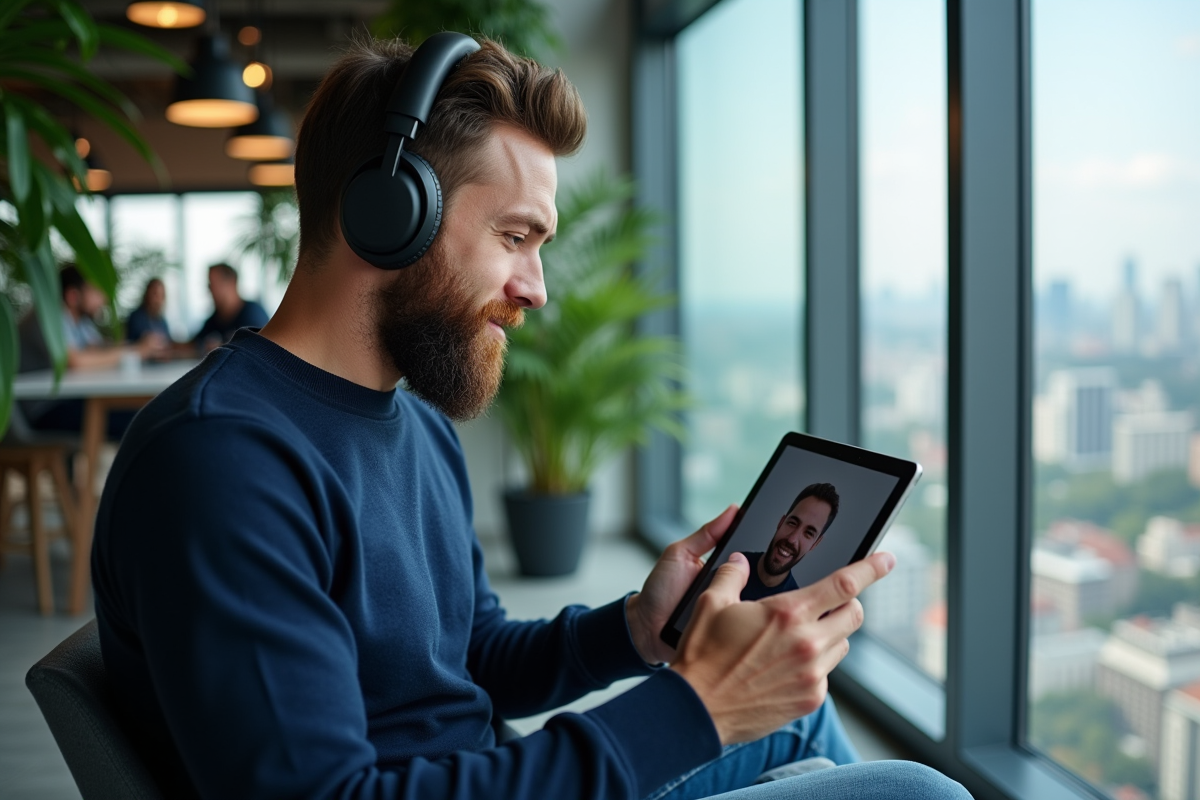 Homme en visioconference dans un espace de coworking moderne