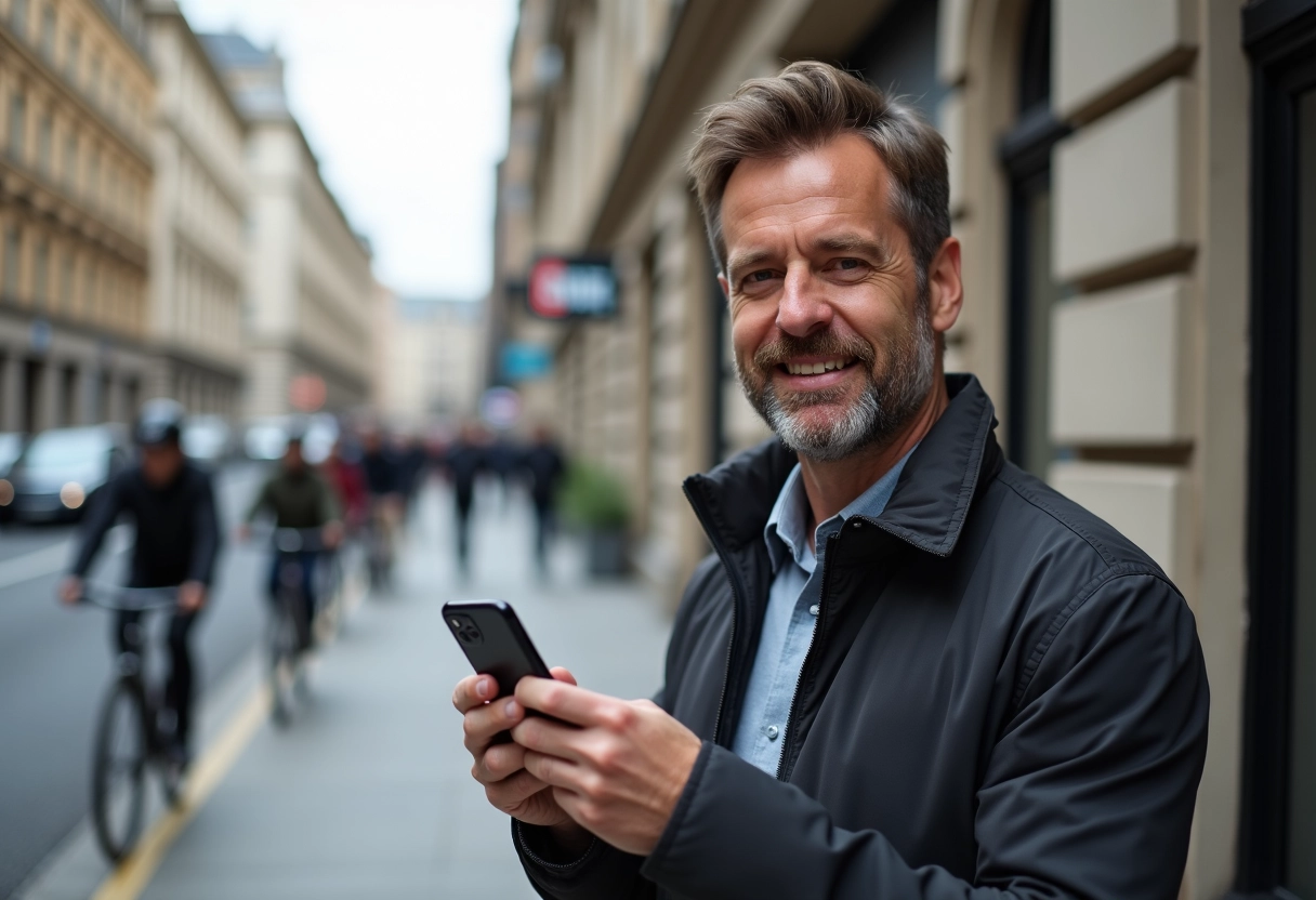 Homme regardant une carte sur son smartphone en ville
