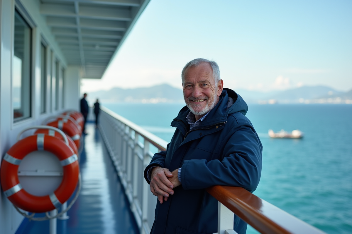 Homme souriant sur un navire de croisière en mer