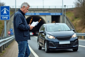 Homme d'âge moyen près de sa voiture au Eurotunnel à Folkestone