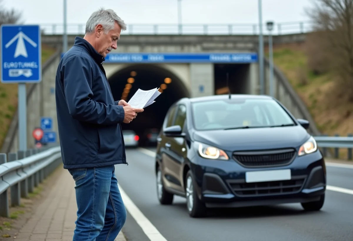 Homme d'âge moyen près de sa voiture au Eurotunnel à Folkestone