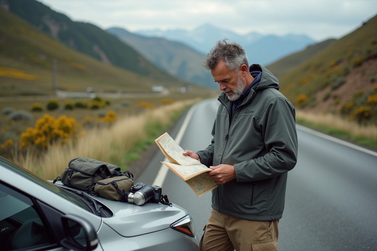 Homme vérifiant un plan à côté de sa voiture en plein air