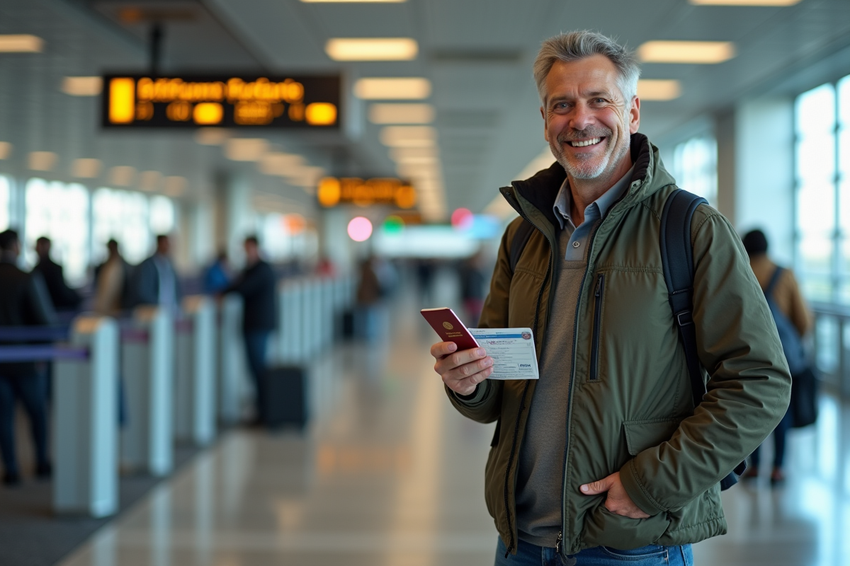 Homme souriant avec passeport devant comptoir d