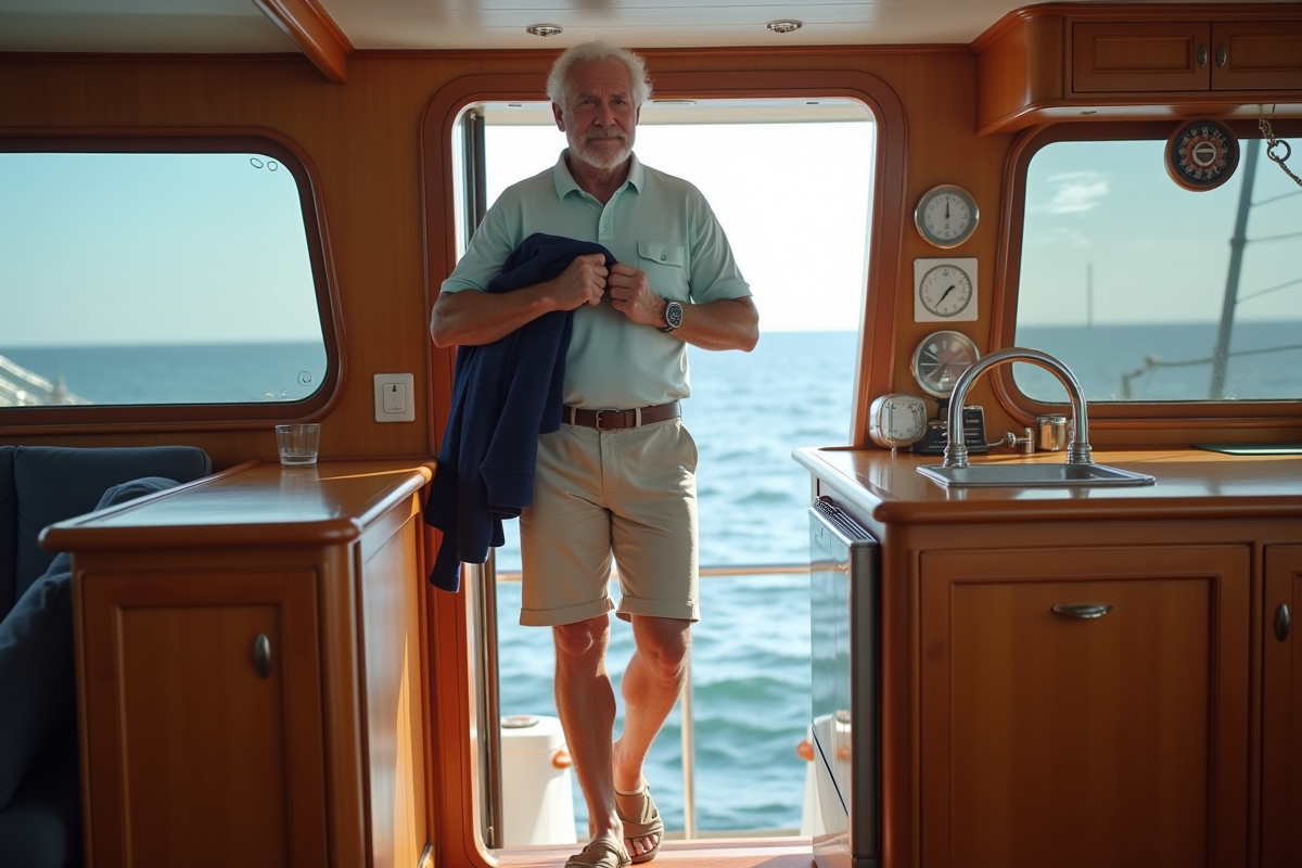 Homme ajustant un pull sur un yacht intérieur nautique