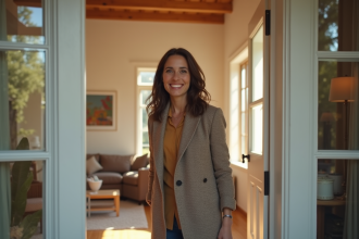 Hôte Airbnb souriant accueillant des invités devant une maison moderne