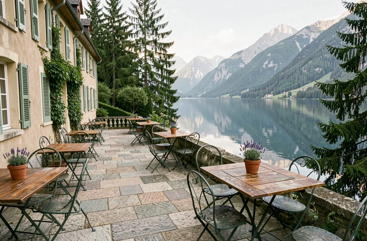 Terrasse d'un hôtel en bord de lac en Auvergne-Rhône-Alpes avec vue sur les montagnes alpines et l'eau calme
