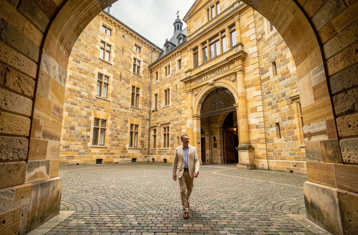 Cour intérieure en pierre de taille de l'Hôtel La Citadelle à Metz avec portail monumental de la citadelle du XVIe siècle