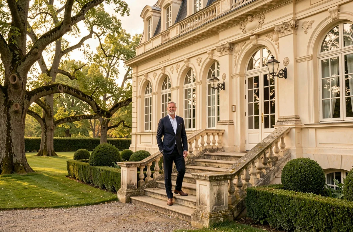 Château Belle Époque de l'Hôtel Les Crayères à Reims entouré de son parc arboré avec façade sculptée